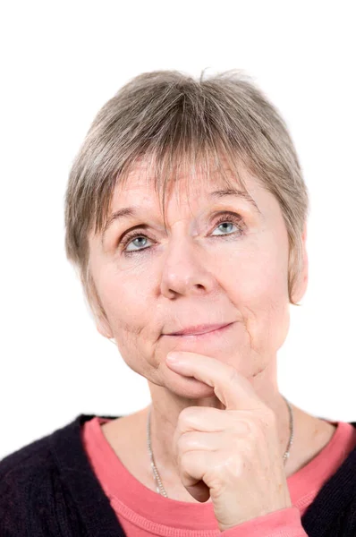 Head Portrait Older Woman Front White Background Looking Shyly Her — Stock Photo, Image