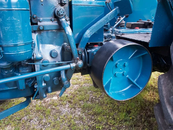 Partial View Old Restored Tractor Blue View Belt Drive Line Stock Image