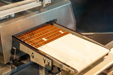 Taşıyıcıda otomatik çikolata kalıpları, sertleştirilmiş çikolata, paslanmaz makine ve döküm aşamasında hareket eden tepsilerle dolu dikdörtgen boşluklar, üretim aşamasında soğutma