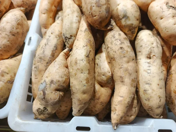 Detaylı bir yakın plan fotoğrafta ağzına kadar taze tatlı patatesle dolu beyaz bir plastik sandık yer alıyor. Kök sebzelerin topraksı tonları ve dokulu yüzeyleri,