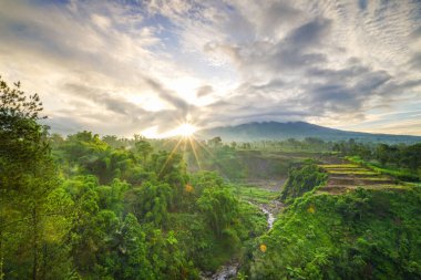Yoğun ormanlar ve sis kaplı dağlar arasında akan dolambaçlı bir nehir ile canlı yeşil bir vadiyi aydınlatan güneşin dingin güzelliğini deneyimleyin.