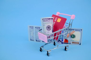 Finansal konsept, içinde parlak kırmızı bir kredi kartı ve modern satın alma ve ekonomik faaliyeti sembolize eden yüz dolarlık bir banknot bulunan küçük bir alışveriş arabasıyla resmedilmiş.