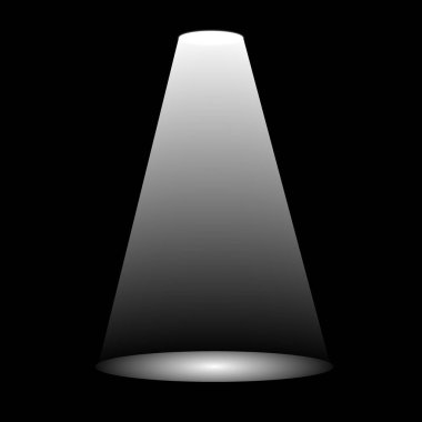 Yukarıdan aşağıya doğru parlayan tek bir beyaz ışık demetinin grafiksel bir temsili, tamamen siyah bir arkaplanda küçük dairesel bir alanı aydınlatan bir koni şekli yaratıyor..