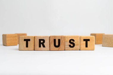 Beyaz arkaplanda izole edilmiş tahta bloklardaki güvenilir sözcük sembolü