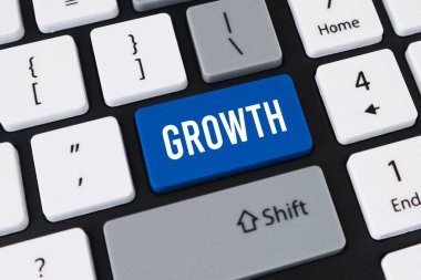 Bilgisayar klavyesindeki büyütme düğmesi. İş geliştirme kavramı, finansal başarı ve dijital genişleme.