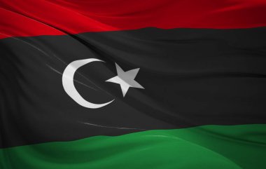 Beyaz hilal ve yıldızlı kırmızı, siyah ve yeşil çizgilere sahip Libya ulusal bayrağı.