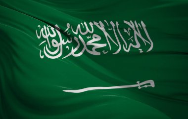 Suudi Arabistan 'ın ulusal bayrağında Shahada ve yeşil bir tarlada bir kılıç var..