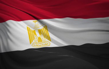 Salahaddin Kartalı ile kırmızı, beyaz ve siyah çizgili Mısır ulusal bayrağı.