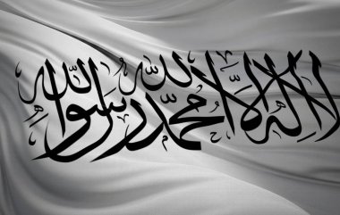Afganistan İslam Emirliğinin resmi beyaz bayrağı siyah Shahada yazısıyla