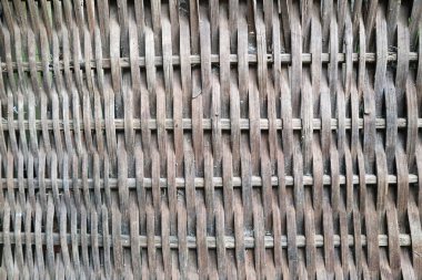 Görünür toz ve doğal aşınmayla geleneksel iç içe geçmiş bir deseni barındıran yaşlı, gri-kahverengi bir hasır ya da bambu yüzeyinin yakın plan çekimi..