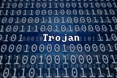 İkili kodlu mavi dijital arkaplan üzerinde pikselleştirilmiş Truva başlığını gösteren siber güvenlik kavramı.