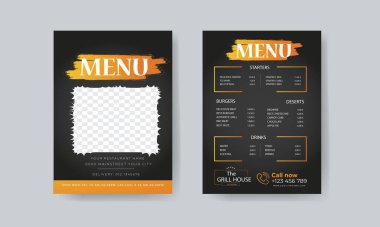 Restoran menüsü tasarımı. Kafe, kafe, restoran ve bar için vektör menü broşürü. Yiyecek ve içecek tasarımı. karatahta arkaplan vektör çizimi tasarımı.