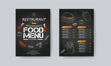 Restoran menüsü tasarımı. Kafe, kafe, restoran ve bar için vektör menü broşürü. Yiyecek ve içecek tasarımı. karatahta arkaplan vektör çizimi tasarımı.