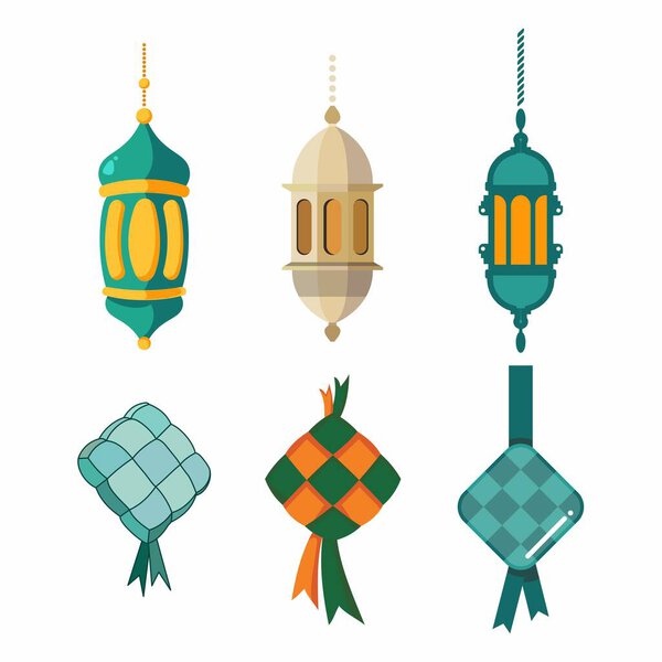 illustration of ramadan lantern and ketupat eid al fitr set icon vector element. ramadan eid al fitr vector element