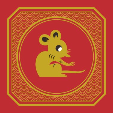 Kırmızı ve altın rengi Çin hayvan kültürüyle çizilmiş bir fare shio tabelgesi. Çin 'in yeni yıl tasarımlarında element olarak kullanılmak üzere Çin kültürel hayvan sembolleri dizayn et
