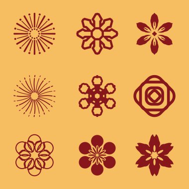 Altın arkaplanlı Japon çiçek ikonu desenleri. Japon simgesinin simgesini ayarla