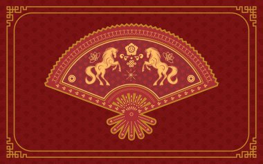 Çin Yeni Yılı Sanatı. Kırmızı ve altın sınırlı at burcu. Çin Yeni Yılı ya da Güneydoğu Asya temalı bir tasarım şablonu olarak kullanılabilir.