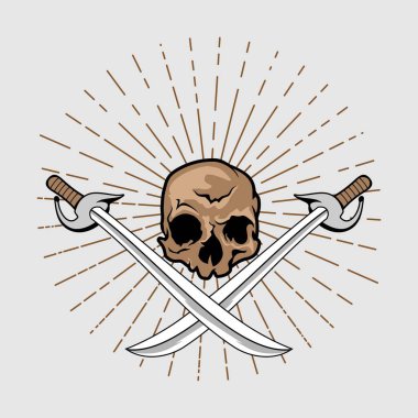 İzole tasarım ve Korsan Neşeli Roger elementi. Kurukafa, kılıç ve güneş patlaması arkaplanlı..