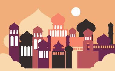 Arap camii binasının arka planındaki siluet. İslami arkaplan tasarımı