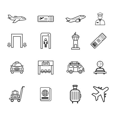 Pasaportu ve giriş kartı uçak bagajını gösteren minimal çizgi resim havalimanı simgesi. havaalanı simgesi Clipart