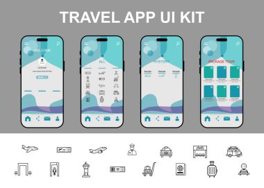 UI UX Online Uçuş Rezervasyon Turu ve Seyahat Mobil Uygulama Planı için vektör tasarımı. mobil uygulama