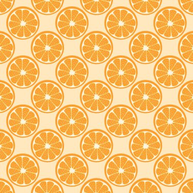 Seamless pattern of orange fruit slices on a soft beige background. Fresh citrus design ideal for packaging, wallpaper, textile, and summer-themed projects.