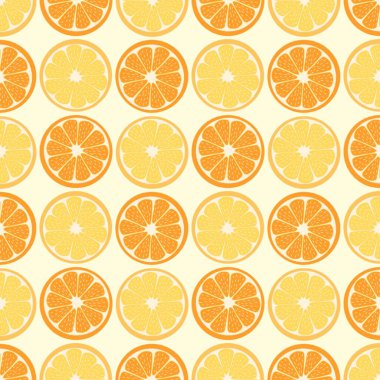 Seamless pattern of orange and lemon slices arranged in a repeating grid on yellow background. Bright, fresh, and citrus-inspired design perfect for packaging, fabric and wallpaper.