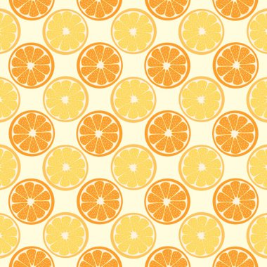Seamless pattern of orange and lemon slices on yellow background. Bright, fresh, and citrus-inspired design perfect for packaging, fabric and wallpaper.