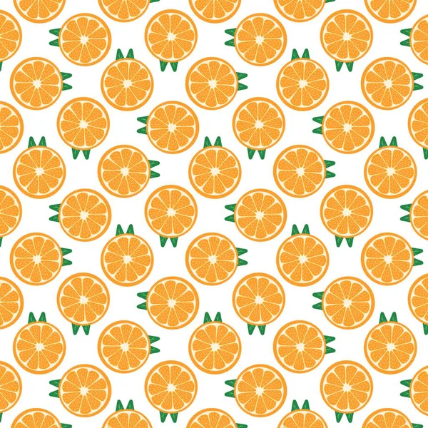 Illustration of orange fruit slices with green leaves in a seamless pattern on white background, perfect for textile, packaging, and summer-themed designs.