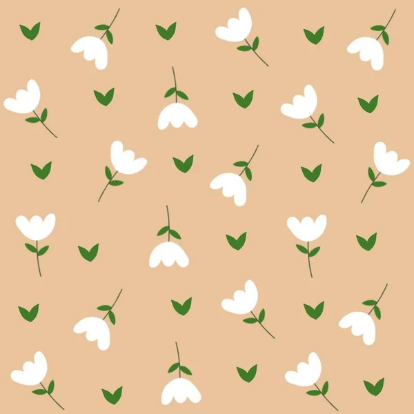 Kusursuz desenli beyaz çiçekler ve kahverengi arka planda yeşil yapraklar. Zarif ve basit tasarım tekstil, duvar kağıdı, ambalaj kağıdı veya bahar temalı dekorasyon için mükemmeldir..