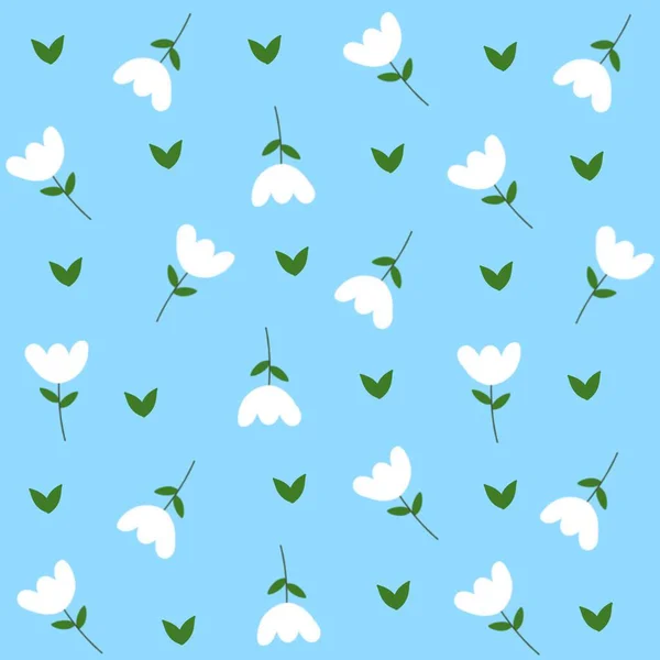 Kusursuz desenli, mavi arka planda yeşil yapraklı beyaz çiçekler. Zarif ve basit tasarım tekstil, duvar kağıdı, ambalaj kağıdı veya bahar temalı dekorasyon için mükemmeldir..