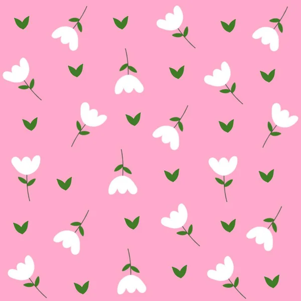 Pembe arka planda yeşil yapraklı kusursuz desenli beyaz çiçekler. Zarif ve basit tasarım tekstil, duvar kağıdı, ambalaj kağıdı veya bahar temalı dekorasyon için mükemmeldir..