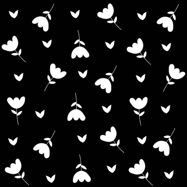 Siyah arka planda yeşil yapraklı kusursuz desenli beyaz çiçekler. Zarif ve basit tasarım tekstil, duvar kağıdı, ambalaj kağıdı veya bahar temalı dekorasyon için mükemmeldir..