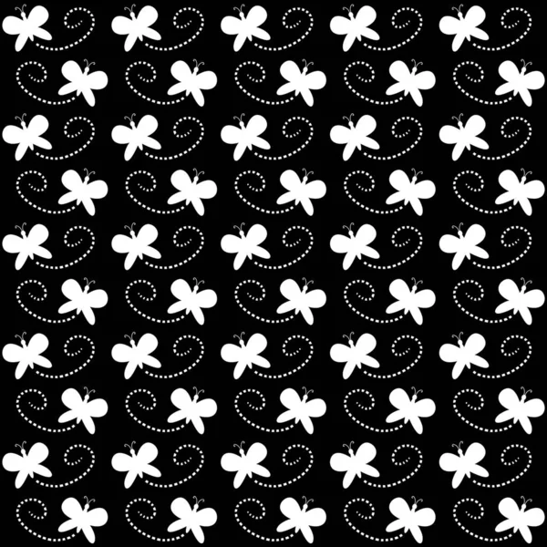 Siyah arka planda noktalı uçuş izleri olan kusursuz desenli beyaz kelebekler. Kumaş, duvar kağıdı, ambalaj kağıdı ve doğa temalı tasarımlar için idealdir..