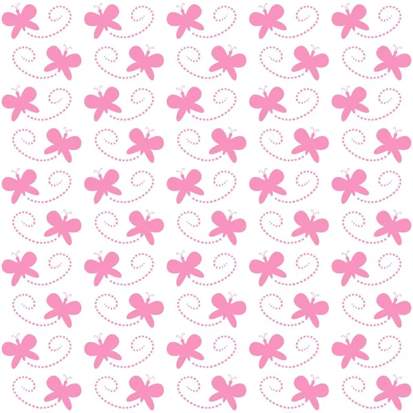Kusursuz desenli pembe kelebek ve ywhite arka planda noktalı uçuş izleri. Kumaş, duvar kağıdı, ambalaj kağıdı ve doğadan esinlenilmiş şirin tasarımlar için mükemmel..