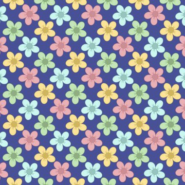 Sarı, nane, pembe ve koyu mavi arka planda yeşil renkte el yapımı pastel çiçekleri içeren kusursuz çiçek deseni. Kumaş, duvar kağıdı, ambalaj kağıdı, kırtasiye malzemesi ve dekoratif tasarımlar için mükemmel..