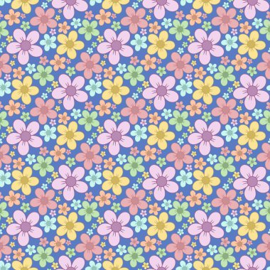 Kusursuz desenli mavi arka planda el çizimi renkli pastel çiçekler. Kumaş, ambalaj kağıdı, duvar kağıdı ve dekoratif tasarım projeleri için mükemmel..