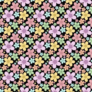 Kusursuz desenli, pastel renkli, siyah bir arka planda el çizimi çiçekler. Kumaş, ambalaj kağıdı, duvar kağıdı ve dekoratif tasarım projeleri için mükemmel..
