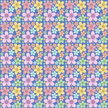 Kusursuz desenli mavi arka planda el çizimi renkli pastel çiçekler. Kumaş, ambalaj kağıdı, duvar kağıdı ve dekoratif tasarım projeleri için mükemmel..