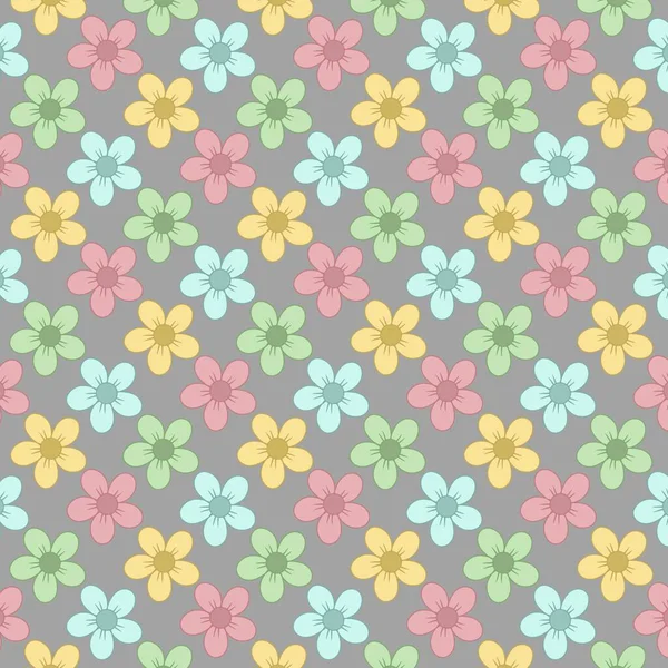 Gri bir arka planda kusursuz desenli pastel renkli çiçekler. Kumaş, ambalaj kağıdı, duvar kağıdı ve dekoratif tasarım projeleri için mükemmel..