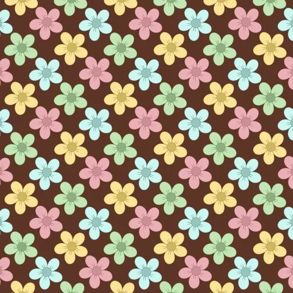 Kahverengi arka planda kusursuz desenli pastel renkli çiçekler. Kumaş, ambalaj kağıdı, duvar kağıdı ve dekoratif tasarım projeleri için mükemmel..