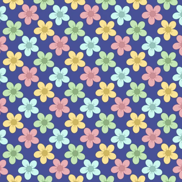 Sarı, nane, pembe ve koyu mavi arka planda yeşil renkte el yapımı pastel çiçekleri içeren kusursuz çiçek deseni. Kumaş, duvar kağıdı, ambalaj kağıdı, kırtasiye malzemesi ve dekoratif tasarımlar için mükemmel..