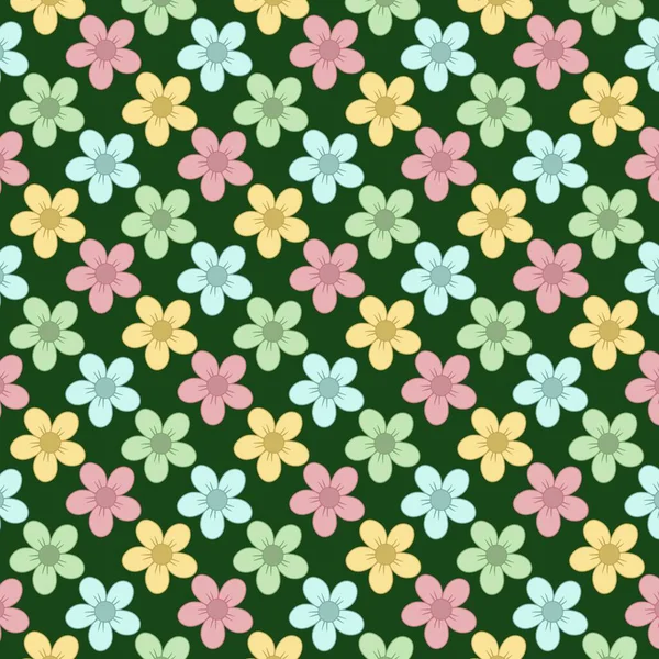 Koyu yeşil arka planda kusursuz desenli pastel renkli çiçekler. Kumaş, ambalaj kağıdı, duvar kağıdı ve dekoratif tasarım projeleri için mükemmel..