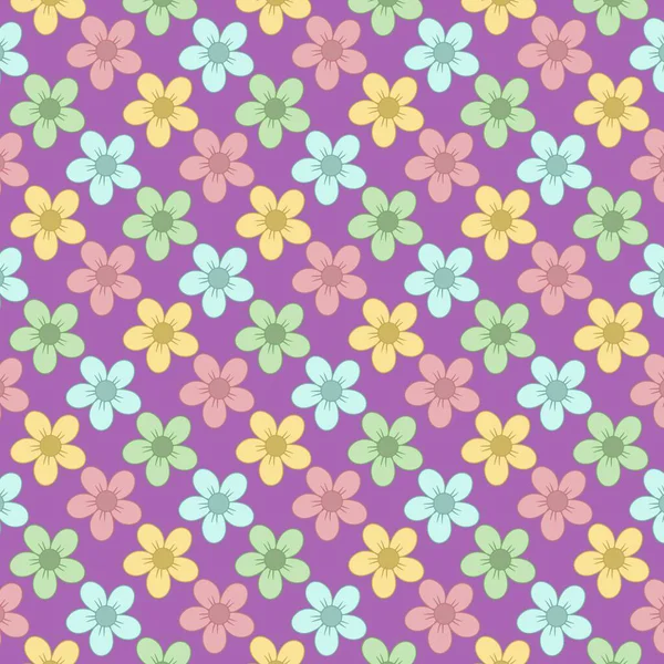 Mor bir arka planda kusursuz desenli pastel renkli çiçekler. Kumaş, ambalaj kağıdı, duvar kağıdı ve dekoratif tasarım projeleri için mükemmel..