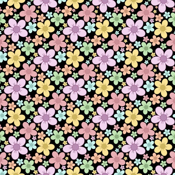 Kusursuz desenli, pastel renkli, siyah bir arka planda el çizimi çiçekler. Kumaş, ambalaj kağıdı, duvar kağıdı ve dekoratif tasarım projeleri için mükemmel..