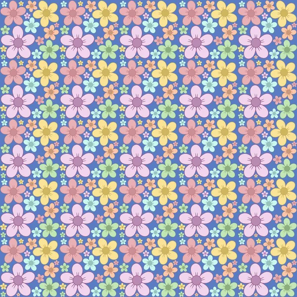 Kusursuz desenli mavi arka planda el çizimi renkli pastel çiçekler. Kumaş, ambalaj kağıdı, duvar kağıdı ve dekoratif tasarım projeleri için mükemmel..