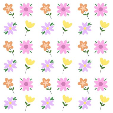 Renkli çiçeklerle kusursuz desen ve beyaz arka planda eğlenceli dekoratif unsurlar. Tekstil, duvar kağıdı, ambalaj kağıdı ve yaratıcı tasarım projeleri için idealdir..