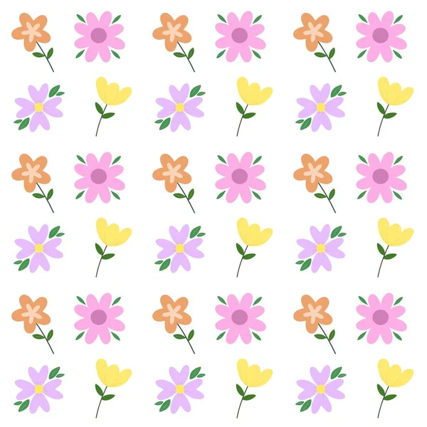 Renkli çiçeklerle kusursuz desen ve beyaz arka planda eğlenceli dekoratif unsurlar. Tekstil, duvar kağıdı, ambalaj kağıdı ve yaratıcı tasarım projeleri için idealdir..