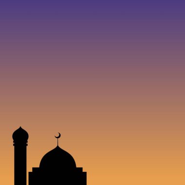 Günbatımı gradyan gökyüzünde caminin silueti. Mor ve turuncu renkler. Tasarım, tebrik kartları ve kutlamalar için uygun barışçıl İslami altyapı.