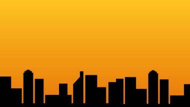 Günbatımında siluet şeklindeki gökyüzü, fotokopi uzayı ile turuncu renkte. Tasarım ve illüstrasyon projeleri için modern şehir manzarası arka planı